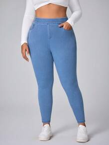 Flexra Plus Size Women Bowknot Elastic Fitted Pants - Medium Wash - View 6