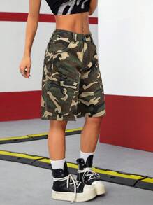SHEIN ICON Street Style Camouflage Cargo Knee-Length Denim Shorts For Women - Army Green - View 4
