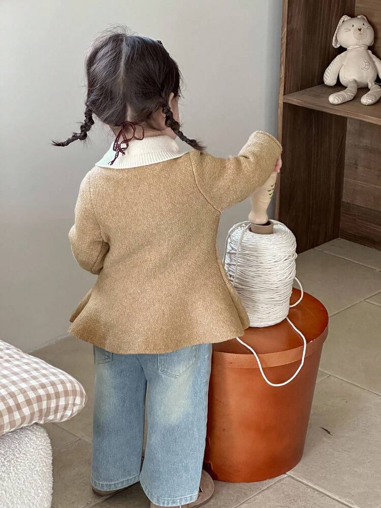 Baby Girl Contrast Color Lapel Long Sleeve Single-Breasted Ruffle Hem Cute Cardigan Toddler Girls Clothes