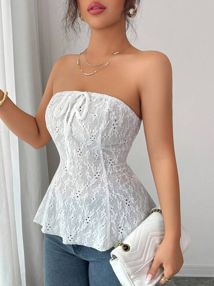 Elenzga New Sweet & Spicy Style White French Bandeau Top With Bowknot, Elastic Jacquard Fabric, Form-Fitting, Cropped Camisole - White - View 2