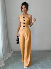 Chiquease 2件套优雅法式斜肩中式图案纽扣装饰套装，适合女士 - 黃色 - 查看 5