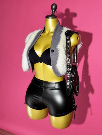 Slaydiva 2025 Summer And Autumn New Street Casual Fit Waistcoat Vest Style Plush Splicing Ribbed Short Women Jacket, Suitable For Graduation Season, Brunch, Daily Travel, Travel, Friends Gathering, Back To School, Rock, Street, Concert, Festival, Shopping, Vacation, Hot Girls