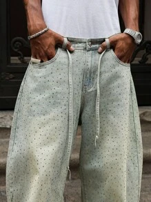 PAVTROS 复古男士水钻装饰图案牛仔裤 - 淺色水洗藍 - 查看 7