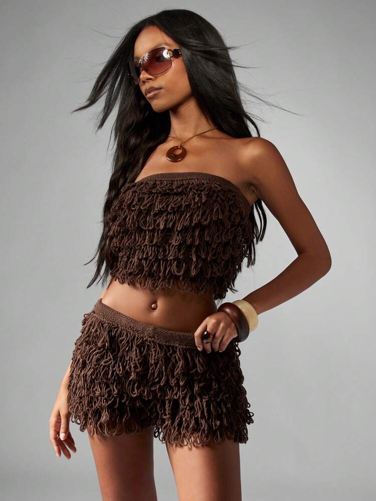 MISSGUIDED Loop Fringe Design Festival Shorts Knit Beach Wear Summer Mini Shorts Party Club Shorts Tassels Hot Pants Vacation Beachwear Resort Wear Textured Shorts Christmas