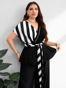 Lacomfia 大码女式黑白条纹拼接 V 领抽绳系腰休闲衬衫 - 黑色 - 查看 5