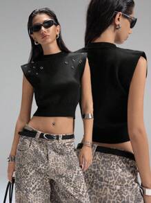 LYSMO Decorazione in metallo nero minimalista, spalle larghe, colletto alto piccolo, stile old money, abbigliamento da ufficio per donna, comodo e casual, versatile per pendolarismo e campus - nero - Visualizzare 4