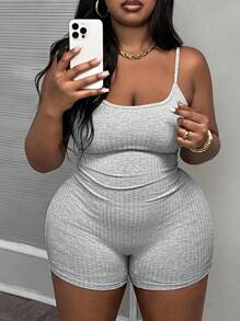SHEIN Tall CURVE Plus Size Women's Slim Fit Solid Light Gray Cami Jumpsuit, Texture Fabric With Thin Grooves, Low-Cut Neckline, Sleeveless, For Daily Wear, Leisure And Sports Activities