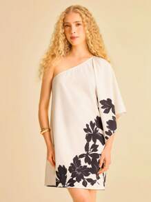 CAJUNI Robe mini femme à manches asymétriques à volants imprimé floral, noir et blanc, pour vacances d'été