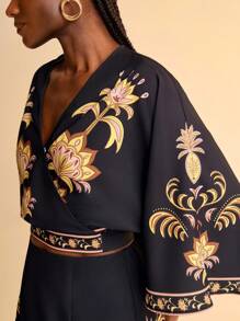 CAJUNI Damen Retro Blumen Muster V-Ausschnitt Crop Bluse für Urlaub - Boho Damen Bekleidung / Westliche Kleidung für Frauen / Grafik / Lässig Frau - Basic / Ausgeh Tops Frauen / Herbst Damen Kleidung - Verschiedenfarbig - Übersicht 7