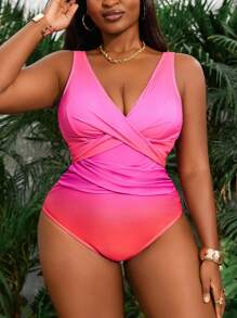 SHEIN Swim Curve Đồ bơi liền thân màu tương phản thời trang cỡ lớn - Đỏ - Xem 5