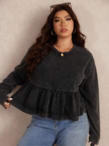 Elaquor 大码休闲简约纯色圆领荷叶边下摆T恤 - 灰色 - 查看 3