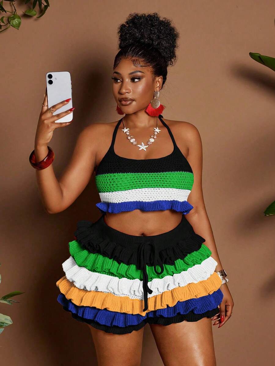 Maweii 大码女式纯色丝带镂空海滩度假性感两件套海滩女士服装夏季女士服装波西米亚风 - 彩色 - 查看 1