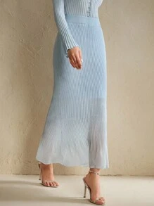 Anewsta 优雅天蓝色水钻装饰修身女士针织裙，秋冬 - 藍色 - 查看 6