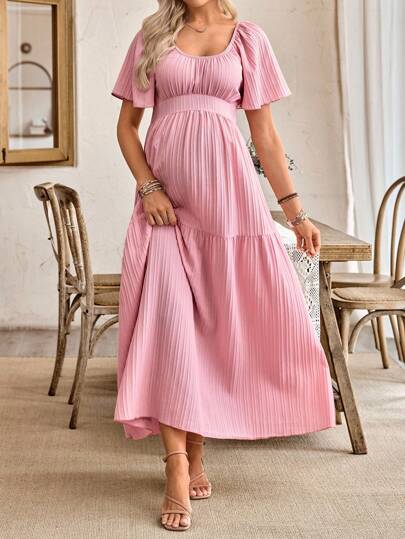 SHEIN Women's Casual Ruffle Sleeve Bow Back Design Maternity A-Line Dress