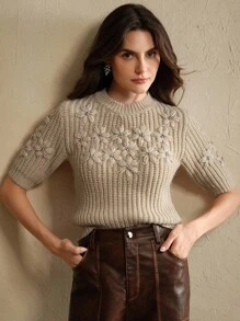 Anewsta Women's Knitted Top, Handmade Fashion 3D Crochet Design Slim Fit Short Sweater