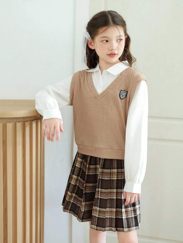 2pcs/Set Teenage Girls Back To School Outfit, Collegiate Inspired 2 In 1 Top Paired With Fashionable Plaid Pleated Skirt, Collared And V-Neck Blouse With Decorative Embroidery Patches, Suitable For School, Daily Wear, Formal Occasions