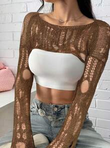 SHEIN EZwear Suéter de cuello de barco marrón desgastado de manga larga sexy para mujer