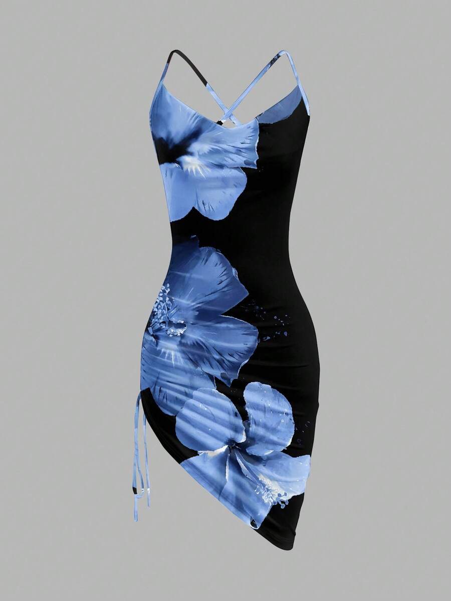 Firerie 蓝色芙蓉印花图案迷你紧身吊带连衣裙，荷叶边下摆，侧面抽绳，适合假期、音乐节、海边度假、浪漫、海滩、春假、夏季迈阿密女孩蓝色碎花连衣裙紧身连衣裙夏季连衣裙女士紧身连衣裙碎花连衣裙适合外出时尚连衣裙 - 彩色 - 查看 1