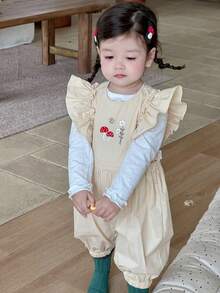DAZY Baby Girls Ruffled Casual Cartoon Embroidery Solid Color Cute Fresh Jumpsuit Toddler Girls Clothes - Apricot - View 5
