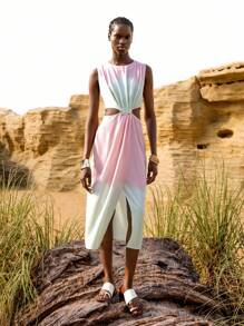 Lumivelle Robe midi fendue à volants et à col en V style pastoral fleuri pour femmes - Multicolore - Voir 6