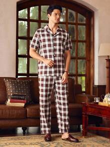 EverLounge Retro Plaid Pattern Gentleman's Pajama Set, Short Sleeve - Multicolor - View 6