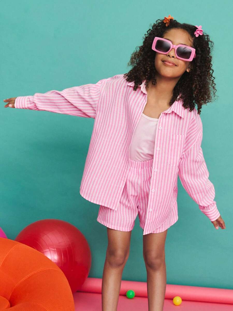 SHEIN 青少年女孩宽松休闲简约舒适条纹立领长袖衬衫度假装 - 粉色 - 查看 1