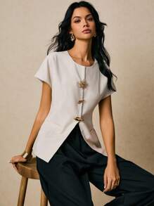 Poéselle Women's Round Neck Short Sleeve Linen Fabric Metal Button Decorated Blouse - Apricot - View 5