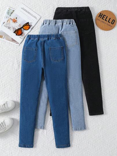 SHEIN 3pcs/Set TWEEN GIRLS Jeans,High Stretch Soft Denim Fabric,Light Blue,Autumn,Casual,School,Back-To-School,Waist Button Detail,Versatile Fit,Winter
