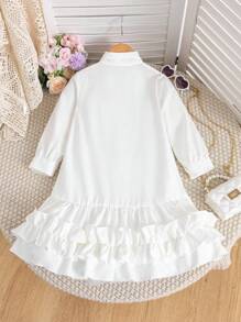 Young Girl Solid Color Long Sleeve Ruffle Hem Casual Shirt Dress Fall Winter - White - View 2