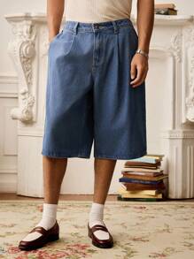 SWAVVY 男士时尚褶皱七分牛仔短裤 - 藍色 - 查看 3