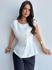 Firerie Women's Simple Solid Bat Wing Sleeve Double-Breasted Open Front Thin Blazer For Work & Commute - White - View 6