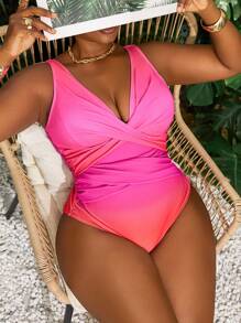 SHEIN Swim Curve Đồ bơi liền thân màu tương phản thời trang cỡ lớn - Đỏ - Xem 3
