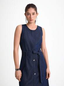 Daynim Váy denim đi làm không tay cho nữ - Rửa tối - Xem 5