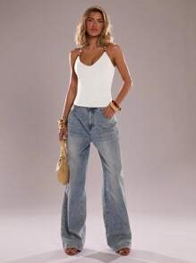 SHEIN BAE 棕色串珠细肩带女士吊带背心，适合春夏穿着，修身复古性感露脐上衣，适合海滩、夏季穿着，串珠装饰。 - 白色 - 查看 3