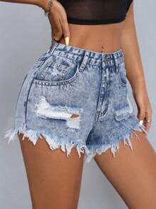 SHEIN ICON Plus Size Fashion Casual Summer Versatile Distressed Denim Shorts