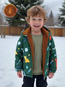 Young Boys Cute Dinosaur Pattern Thermal Fleece Lined Hooded Jacket,Warm Outerwear For Autumn,Spring And Winter,Suitable For Outdoor,School And Home - Multicolor - View 1