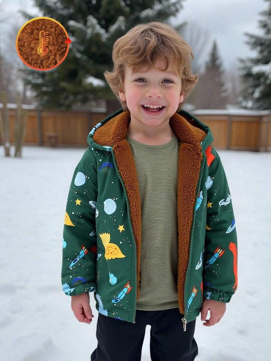 Young Boys Cute Dinosaur Pattern Thermal Fleece Lined Hooded Jacket,Warm Outerwear For Autumn,Spring And Winter,Suitable For Outdoor,School And Home - Multicolor - View 1
