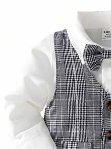 2pcs Boys Casual Suit Set, Including Striped Vest And Matching Suit Pants, Black And White Color Clash Gives A Refreshing Look, Accented With Amber-Color Double-Breasted Buttons On The Vest, Suitable For Birthday Party, Gathering, Performance, And Daily Outings Fall Winter