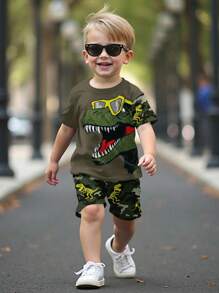 SHEIN 2pcs/Set Young Boy Casual Cartoon Dinosaur Print Round Neck Short Sleeve T-Shirt And Shorts Set, Summer