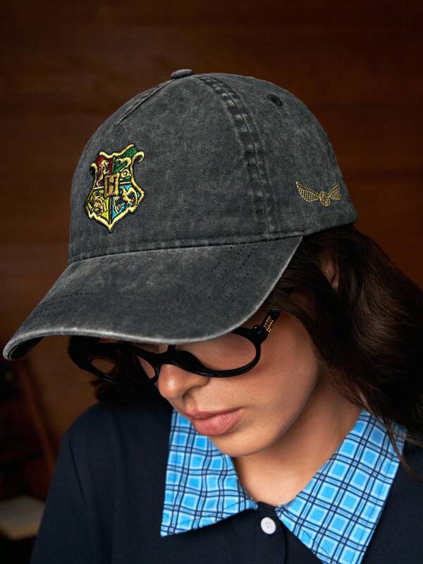 HARRY POTTER X SHEIN Gorra de béisbol bordada con snitch negra, gris y dorada, elegante, no suave, adecuada para el uso diario, protección solar