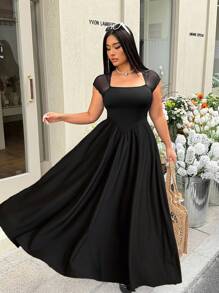 SHEIN EZwear 黑色短袖长款休闲宽松连衣裙，大码，休闲优雅度假工作/办公室早午餐装扮，仙气舒适音乐会服装，白色亮面背心，端庄夜店装扮，性感时尚日常穿着，婚礼宾客礼服，夏季/春季 - 黑色 - 查看 4