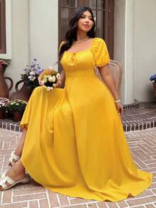Solflare Solflare Plus Size Women Yellow Short Sleeve Casual Tie Front Waist Cinched Elegant Vacation Outfits Woman Casual Wedding Guest Dress, Spring/Summer, Sun Dress,Graduation Dress,Festival,Birthday Dresses For Women