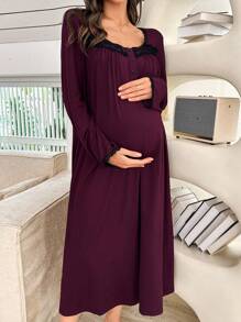 Moonlight&Mama Maternity Women Casual Lace Patchwork Aweetheart Neck Loose Long Sleeve Nightdress, Fall, Winter - Burgundy - View 6