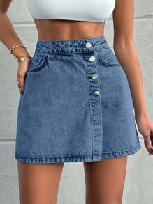 EURMUSE 100%Cotton LIGHT WASH BUTTONS DETAIL SHORT SKIRT - Dusty Blue - View 3