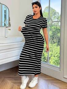 Solflare Plus Size Black & White Striped Long Casual Dress, Suitable For Spring/Summer - Black and White - View 4