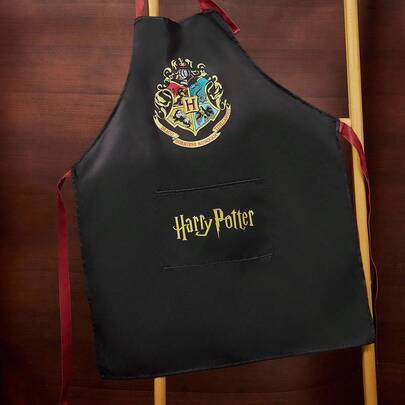 HARRY POTTER X SHEIN 1pc Logo & Letter Pattern Black Apron, Unisex, Waterproof And Oil-Proof, Suitable For Kitchen Baking