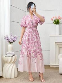 SHEIN Najma 法式浪漫优雅复古纽扣装饰女士华丽浪漫风格连衣裙 - 彩色 - 查看 6