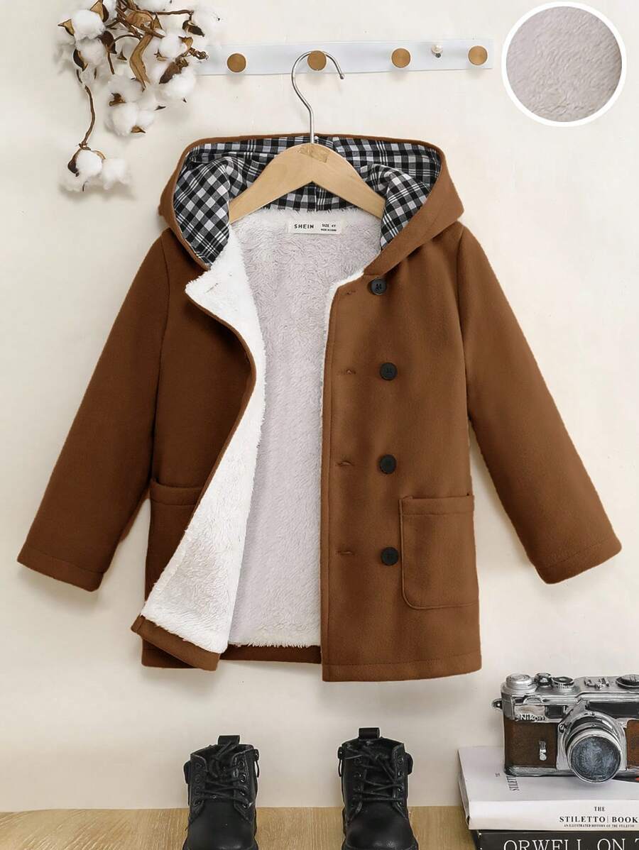 SHEIN 男童宽松连帽羊毛夹克双排扣秋冬女童衣服 - 棕色 - 查看 1