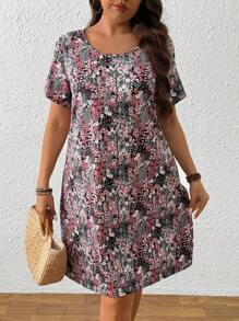 EMERY ROSE 大码女式夏季度假风格拼布印花短袖宽松休闲连衣裙