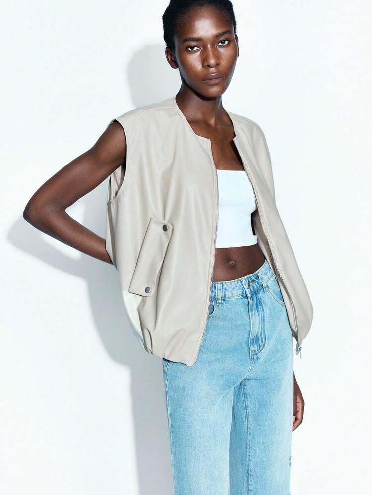 SHEIN Maija Women's Casual Commuter Solid Color Sleeveless Jacket Cropped Jacket Cropped Blazer Crop Top Jacket Open Front Top Going Out Tops Fall Women Fall Women Fall Women Autumn Winter Winter Jacket School